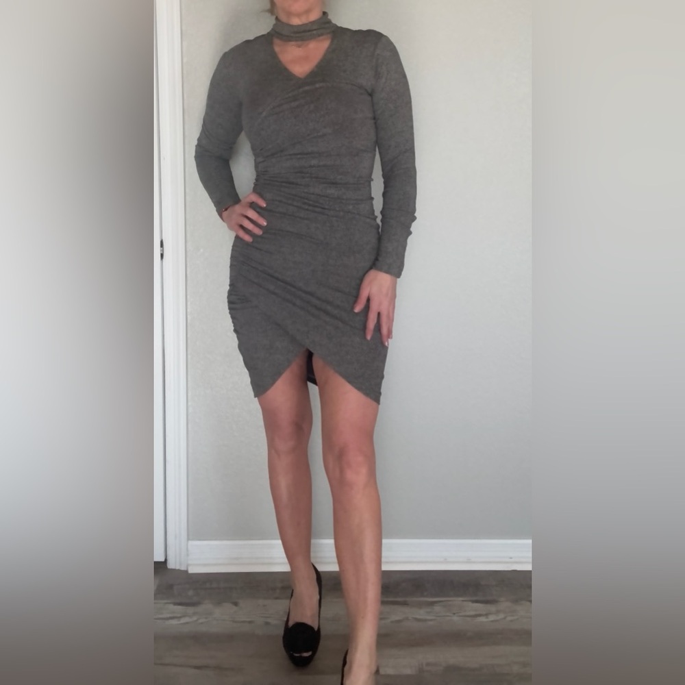 Sexy Bardot Gray Ruched Wrap Dress with V-Neck/Collar and Long Sleeves